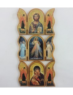 Triptico madera oro 6 x 9 cm. Disponible en los siguientes modelos:

- Cristo misericordia
- Virgen con niño
- Pantocrator