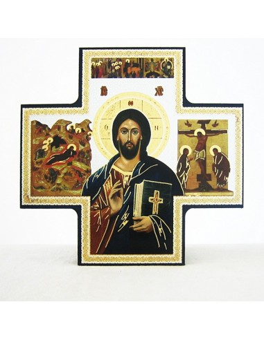 Icono de madera en forma de cruz con motivo de Pantocrátor. Dimensiones: 15 x 15 cm.