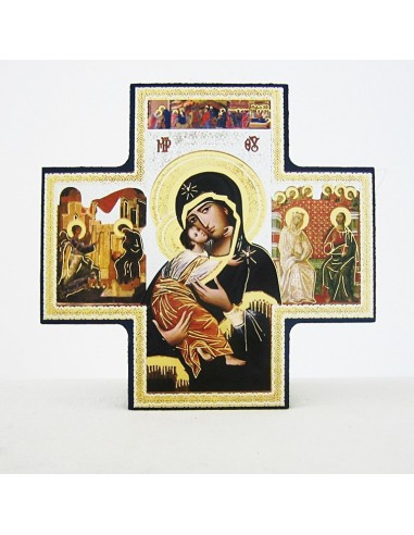 Icono de madera en forma de cruz con motivo de Virgen y Niño. Dimensiones: 15 x 15 cm.