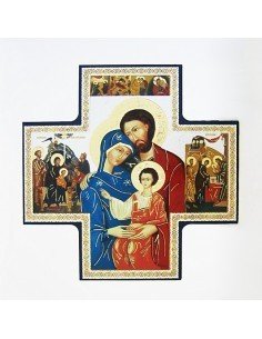 Icono de madera en forma de cruz con motivo de Sagrada Familia. Dimensiones: 15 x 15 cm.
