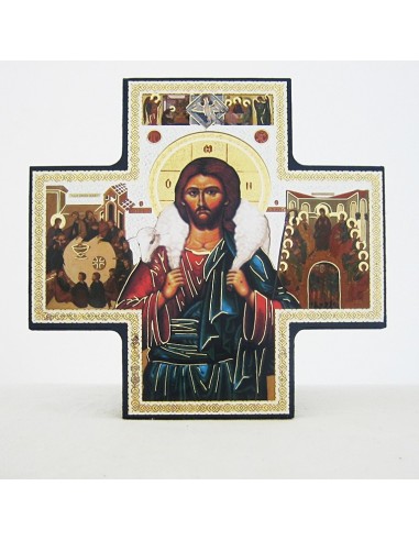 Icono de madera en forma de cruz con motivo del Buen Pastor. Dimensiones: 15 x 15 cm.