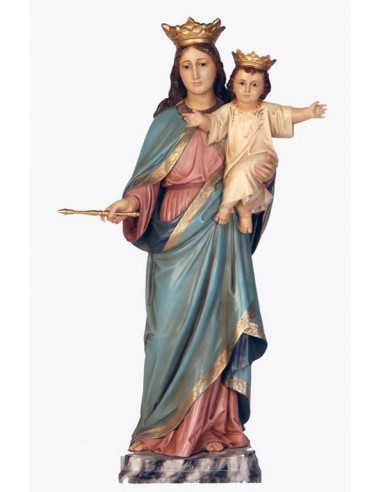 Imagen religiosa de María auxiliadora en pasta madera.
La figura de nuestra seños, muestra a María de pie con el niño en brazo