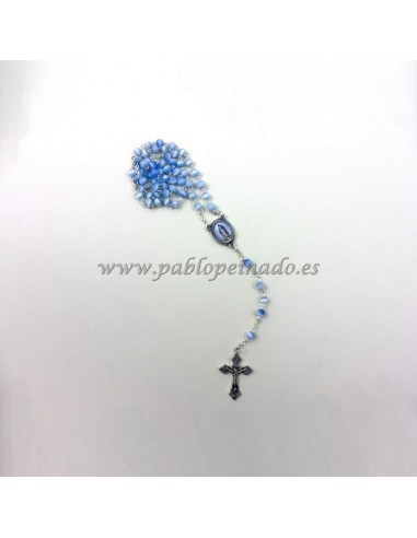 Rosario de cristal con la imagen de la virgen milagrosa, disponible en color azul y blanco.