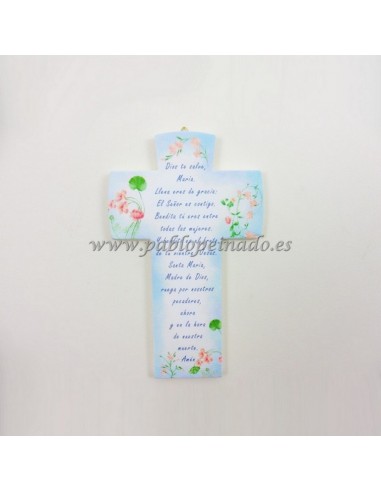 Cruz efecto piedras con decoraciones disponible en color azul con la oración del "Ave María"  y verde con oración del "Padre Nu