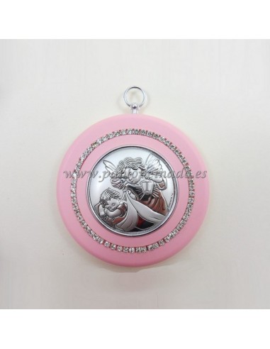Medallon de cuna, con imagen angeles, 9 cm de diametro, disponible en tres tipos de colores.