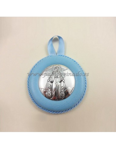 Medallon para cuna con imagen de la virgen milagrosa, con la superficie blanda, 8 cm de diametro.