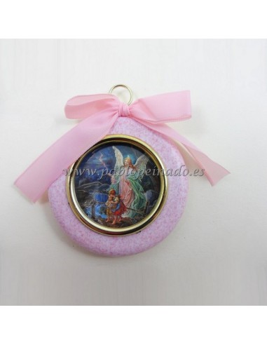Medallon para cuna, con imagen del angel de la guarda, 7 cm de diametro, disponible en rosa y azul.