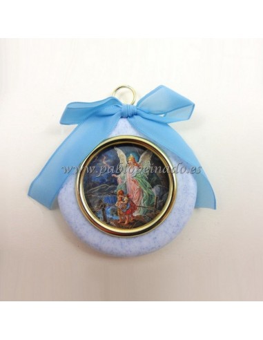 Medallon para cuna, con imagen del angel de la guarda, 7 cm de diametro, disponible en rosa y azul.