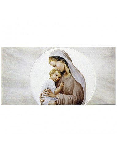 Cuadro para cabezal de cama, efecto piedra. Con imagen de Virgen con niño.

