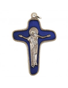Cruz metal esmalte azul Cristo con Virgen 4,7 cm 