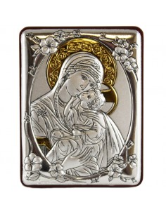 Icono sobremesa Virgen con niño plateado. 4,8 x 6,4.