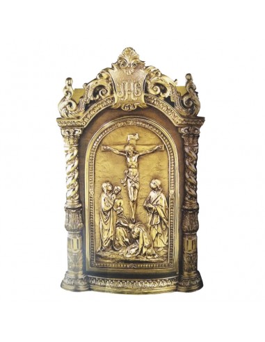Sagrario estilo barroco con escena de la Crucifixion.
51 cm de altura - 31 cm ancho- 29 cm de fondo
Abertura de puerta: 28 cm