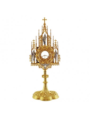 Custodia de estilo gótico francés, con baño de oro de 24 kilates, representa motivo de "las tres virtudes" en la base y figuras