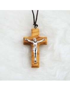 Cruz de maderade olivo con cordon de 4 cm con Cristo plateado
