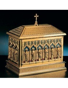 Sagrario estilo arca con ilustración de los Doce Apóstoles, fondo con esmalte azul a fuego cloissone.
Con baño plata.

Medid