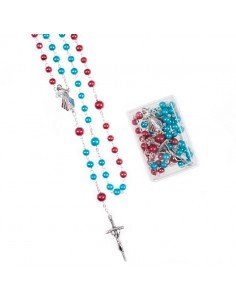 Rosario bicolor (azul y rojo) con imagen de Jesus Misericordioso en cajita.
Medida: 48 cm de largo 
Medida cuentas: 0.5 cm 