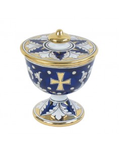 Copon de ceramica color azul con cruz dorada e interior con baño de oro