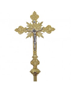Cruz parroquial con base 
Medida cruz parroquial total: 225 cm x 38 cm de ancho
Medida base: 28 cm de diámetro 
Medida de la