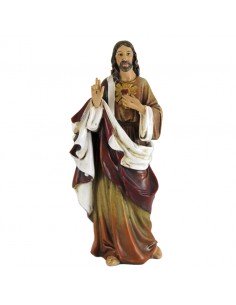 Imagen religiosa del sagrado corazón de Jesús.
En esta figura, Cristo, nuestro señor, viste una túnica con marrón-ocre y porta