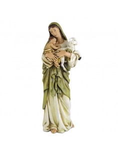 Imagen religiosa de la Virgen María.
Esta figura muestra a nuestra señora con una túnica blanca y velo verde. En sus brazos so