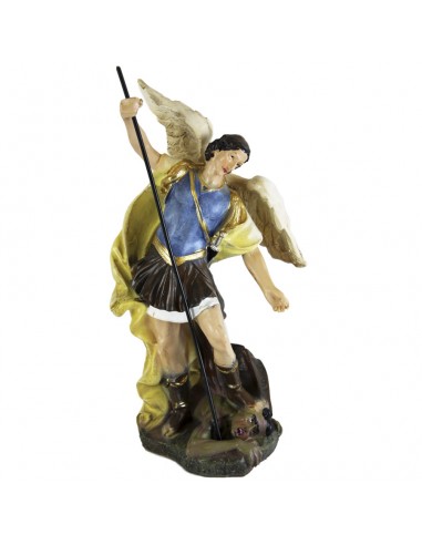 Imagen religiosa del arcángel San Miguel.
En esta figura del arcángel, Miguel viste una armadura azul con falda marrón y capa 