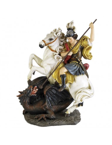 Imagen religiosa de San Jorge con el dragón.
En esta figura, podemos ver a San Jorge ataviado con una armadura de peto marrón,