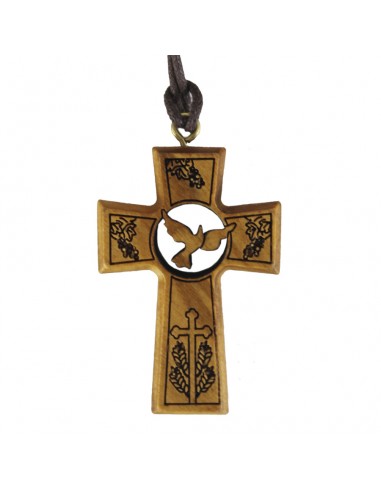 Cruz de madera tallada.
Madera de Olivo con detalles: Espíritu Santo, Vides, Cruz y Espigas.
