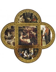 Cuadro de madera en forma de cruz con la representación de los Misterios Gozosos de la Virgen.
Medidas: 18 x 18 cm 
