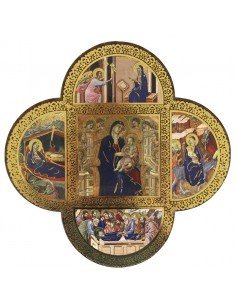 Cuadro de madera, en forma de cruz, con diferentes imágenes representando momentos de la vida de María.
Medidas: 18 x 18