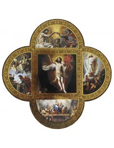 Cuadro de madera en forma de cruz con la representación de los Misterios Gloriosos.
Medias 18 x 18 