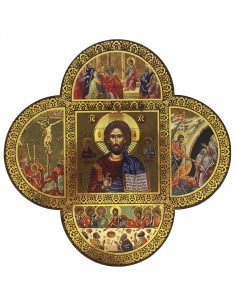 Cuadro de madera en forma de cruz con la representación de distintas escenas de la vida de Cristo.
Medidas 18 x 18