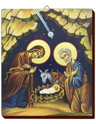 Cuadro de madera con la representación de la Natividad.
Hecho a mano, pintado a mano y detalle en pan de oro.
Medidas 19 x 16