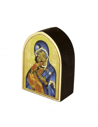 Icono de madera de sobremesa con la representación de La Virgen y el niño.
Medidas: 7 x 5 cm