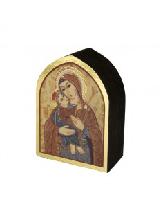 Icono de madera de sobremesa, representa a La Virgen y el niño.
Estilo rupnik.
Medidas 7 x 5cm