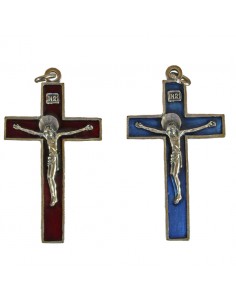 Cruz metal plateado oxidado con cristo. 4 cm.

Disponible es esmalte rojo y azul.