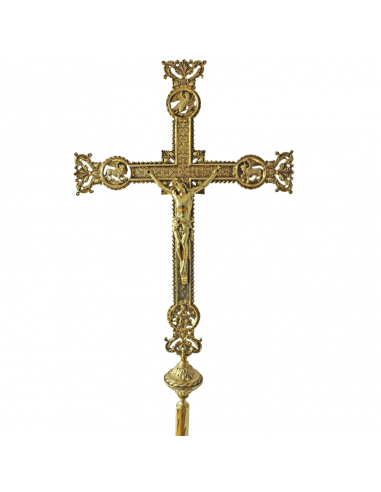 Cruz parroquial en bronce con acabado en dorado.
Cada extremo de la cruz está compuesto por un Evangelista labrado.

Dimensi