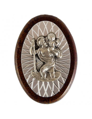 Placa metalica y de madera con la representación de San Cristobal.