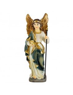 Arcangel San Rafael realizado en resina.
Mide 13cm de alto.
Viste tunica azul y blanca, porta un bastón y un pez en sus manos