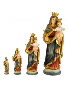 María Auxiliadora realizada en resina. 
Acabados en dorado en la toga, coronas y cetro.
Distintos tamaños disponibles:
8 x 2