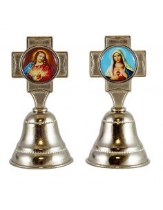 Campana niquelada con imagen de Corazon de Jesus y en la otra cara
el Corazon de Maria