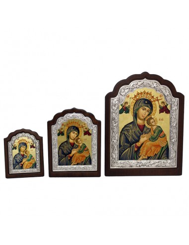 icono de plata con bordes de madera con la imagen de la Virgen.
Disponible en 3 medidas.