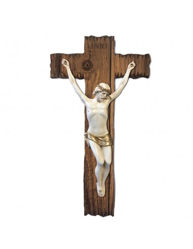 Crucifijo de madera rustica con Cristo en color blanco y detalles en plata.
38 x 18 cm