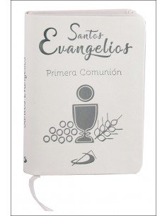 Edición especial de Los Santos Evangelios en formato bolsillo, encuadernación en piel blanca, de tacto muy agradable, con estam