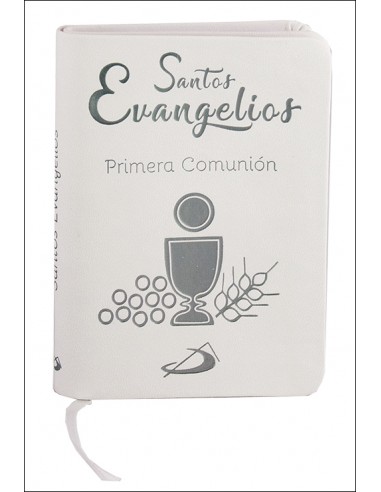 Edición especial de Los Santos Evangelios en formato bolsillo, encuadernación en piel blanca, de tacto muy agradable, con estam