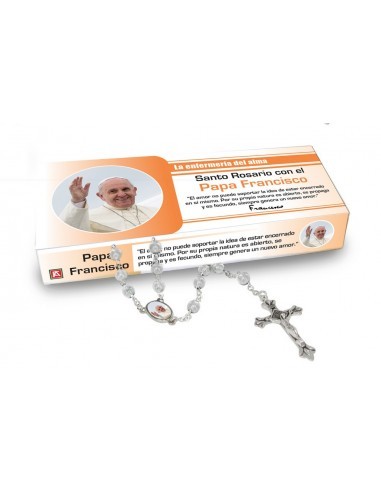 Rosario del papa francisco en caja similad una medicina.
Trae "prospecto" de como leer el rosario.