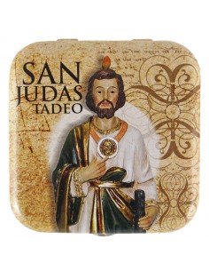 Caja de lata de caramelos de menta.
Imagen de San Judas en la parte exterior de la cajita.