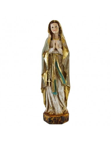 Virgen de Lourdes decorada tipo antiguo resina 20 cm.