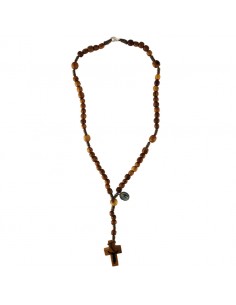 Rosario de madera de olivo con medalla de Virgen de la Milagrosa por delante y Sagrado Corazón de Jesús