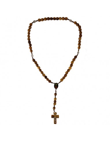 Rosario de madera de olivo con cuentas de 8.69 mm de diametro y medalla de Corazón de Jesús y Virgen de Fátima a doble cara