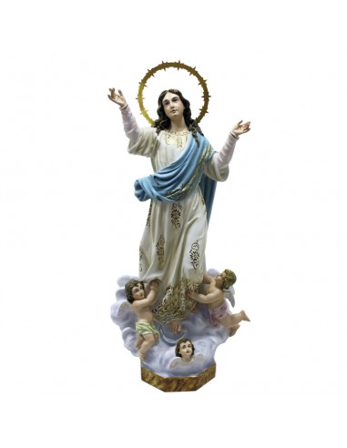En esta imagen religiosa de nuestra señora, la virgen María, fabricada en pasta madera, encontramos a María ataviada con una tú